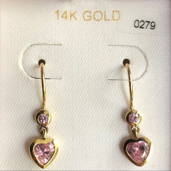 Princess Polly Jewelry - New 14K Gold Pink Gem Heart Drop Earrings